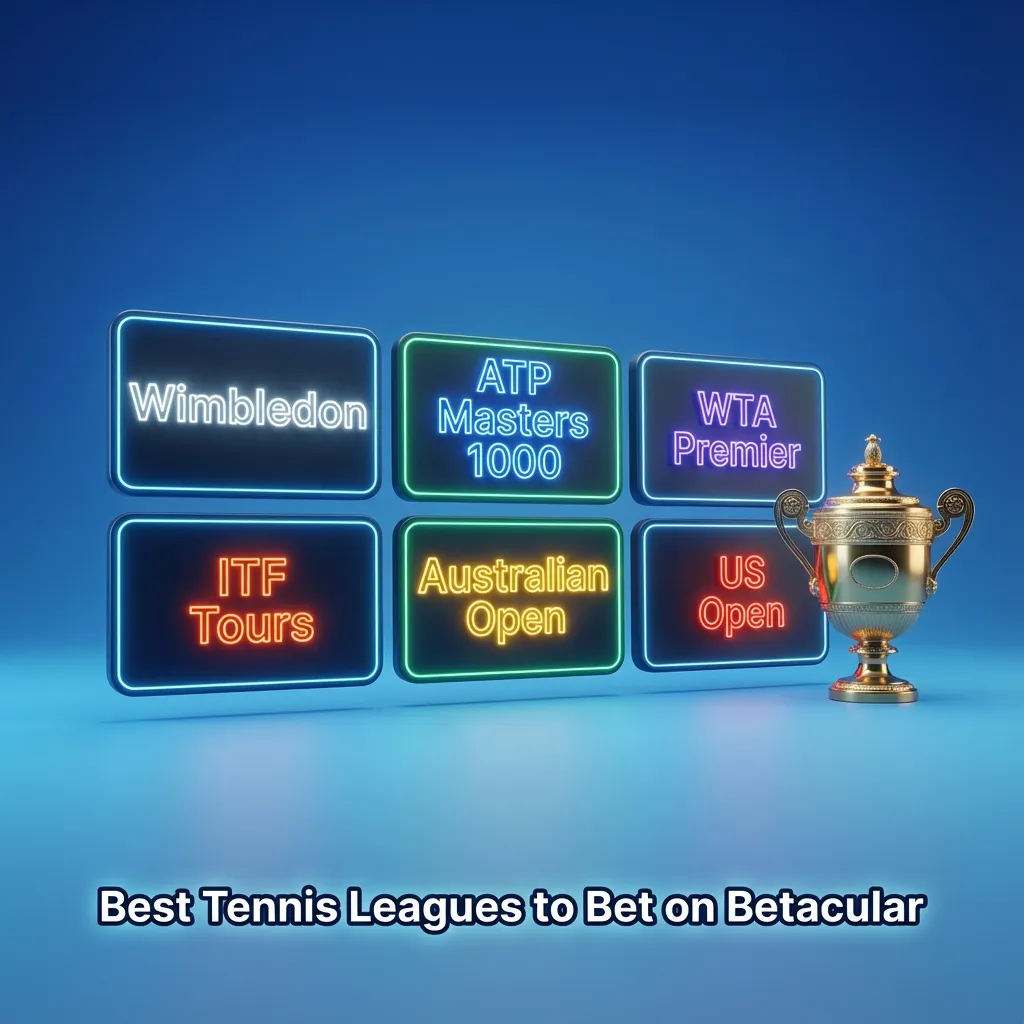 Graphic showing “Best Tennis Leagues to Bet on Betacular” with tennis courts, balls, and global tournament icons
