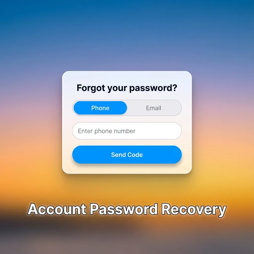 Illustration of Betacular password recovery steps on a login screen using mobile or email for reset.
