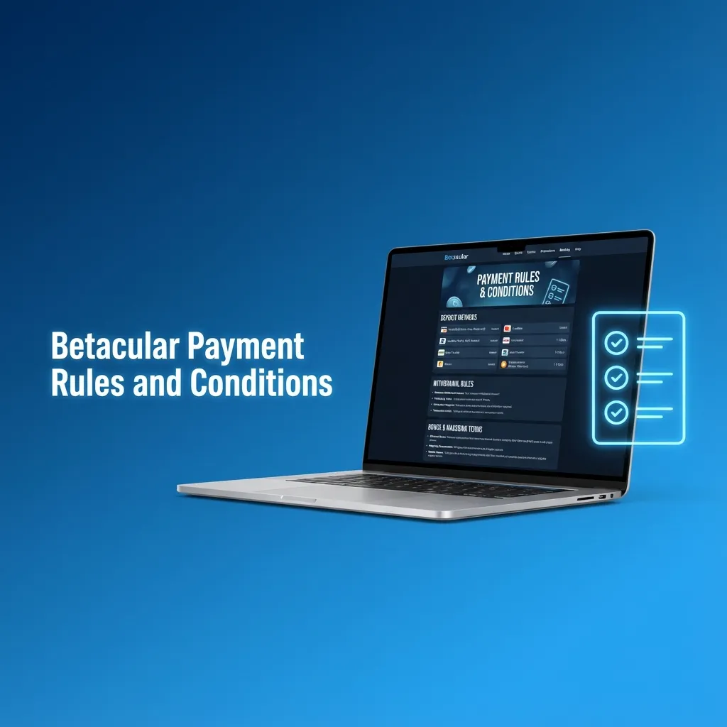 Infographic titled “Betacular Payment Rules and Conditions” listing verification, name match, method, bonus, and limit rules.