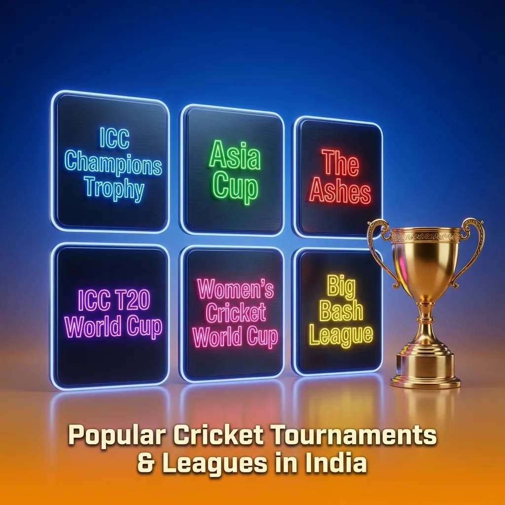 Graphic listing major cricket tournaments and leagues in India for online betting, including ICC events and IPL