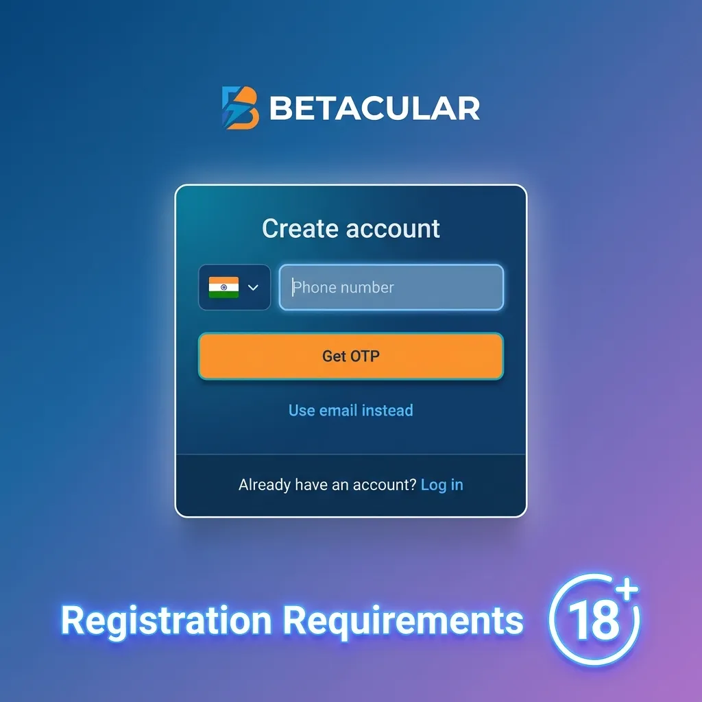 Checklist-style graphic showing Betacular India registration rules: age 18+, real details, one account, valid contacts, KYC documents.
