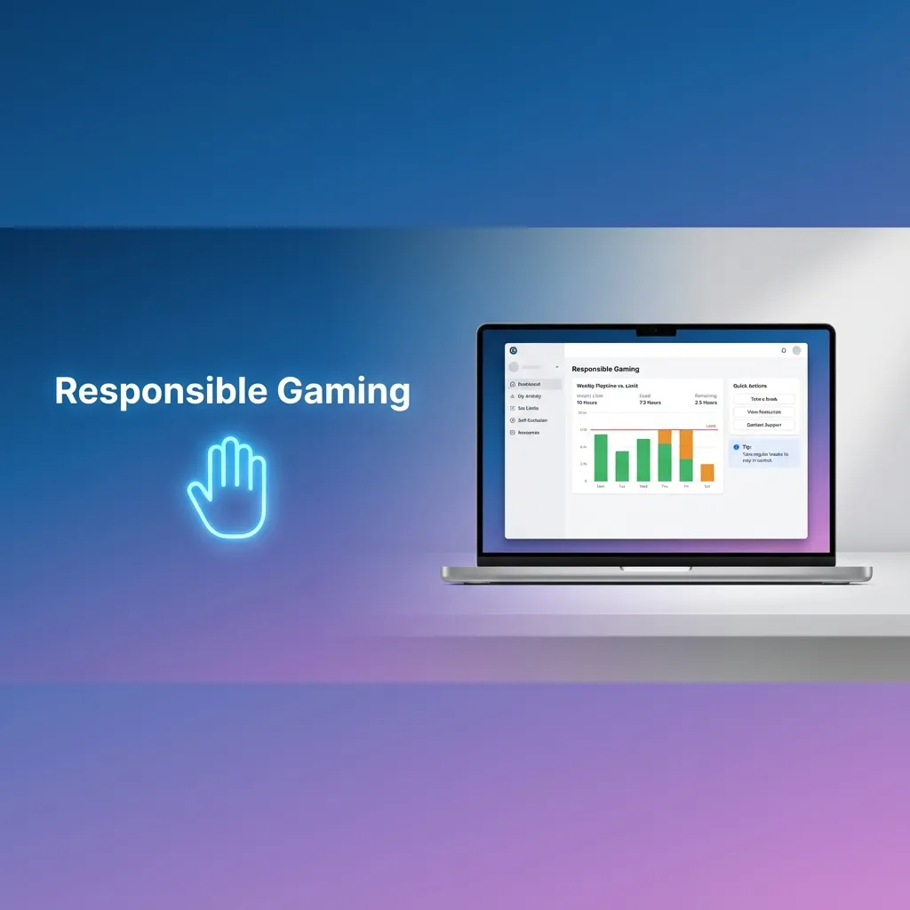 Illustration of a person betting online responsibly with budget, time limits, and support icons surrounding a laptop.