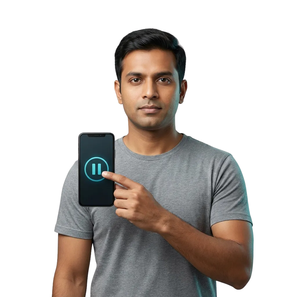 Illustration of a calm player using betting tools, with icons for limits, time management, support, and emotional balance