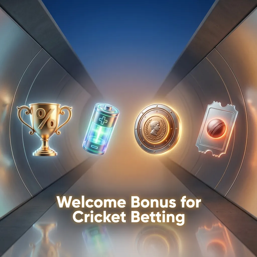 Banner for 100% cricket betting welcome bonus up to ₹10,000 with signup, deposit steps, and cricket match graphics