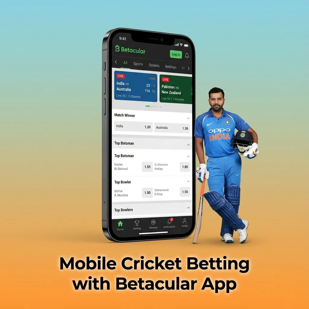 Hand holding a smartphone showing the Betacular cricket betting app with live scores, odds, and in-play markets on screen