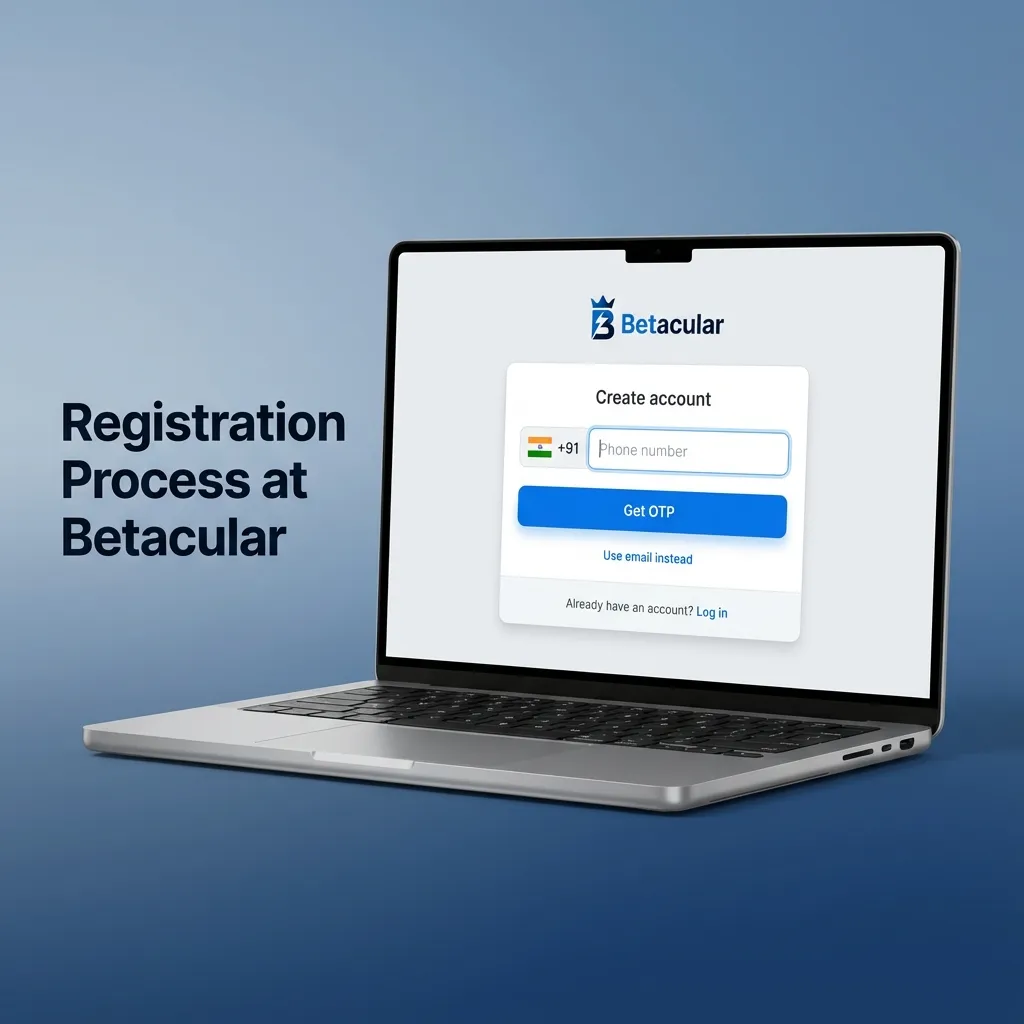 Illustrated Betacular registration steps showing form fields and icons for details, verification, and access to betting features